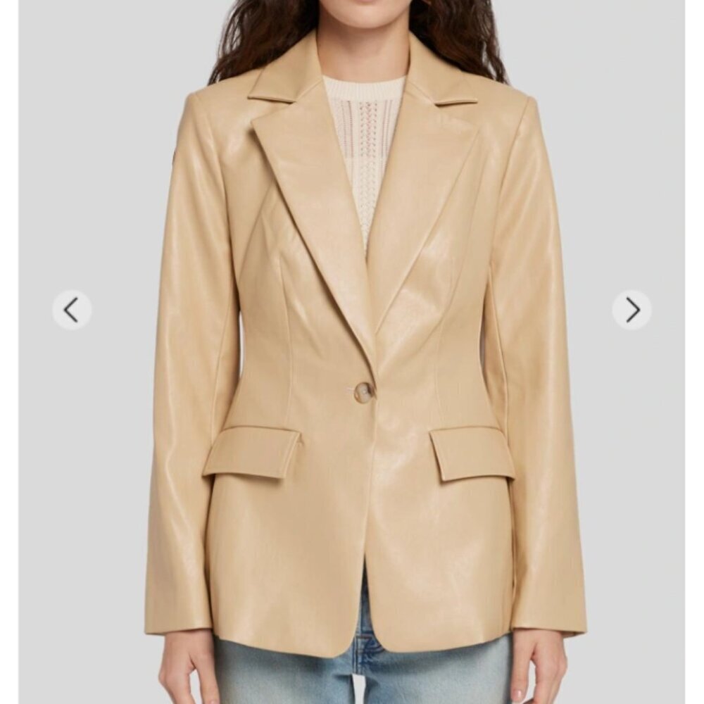 7 For All Mankind Faux Leather 1‎ Button Blazer Women's S Beige Tan EUC
